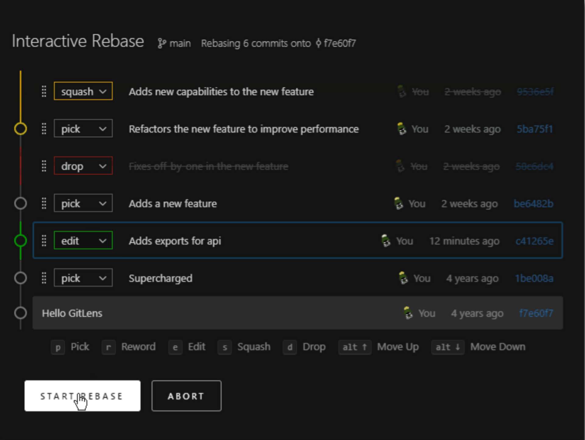 Screenshot of GitLen's interactive rebase editor